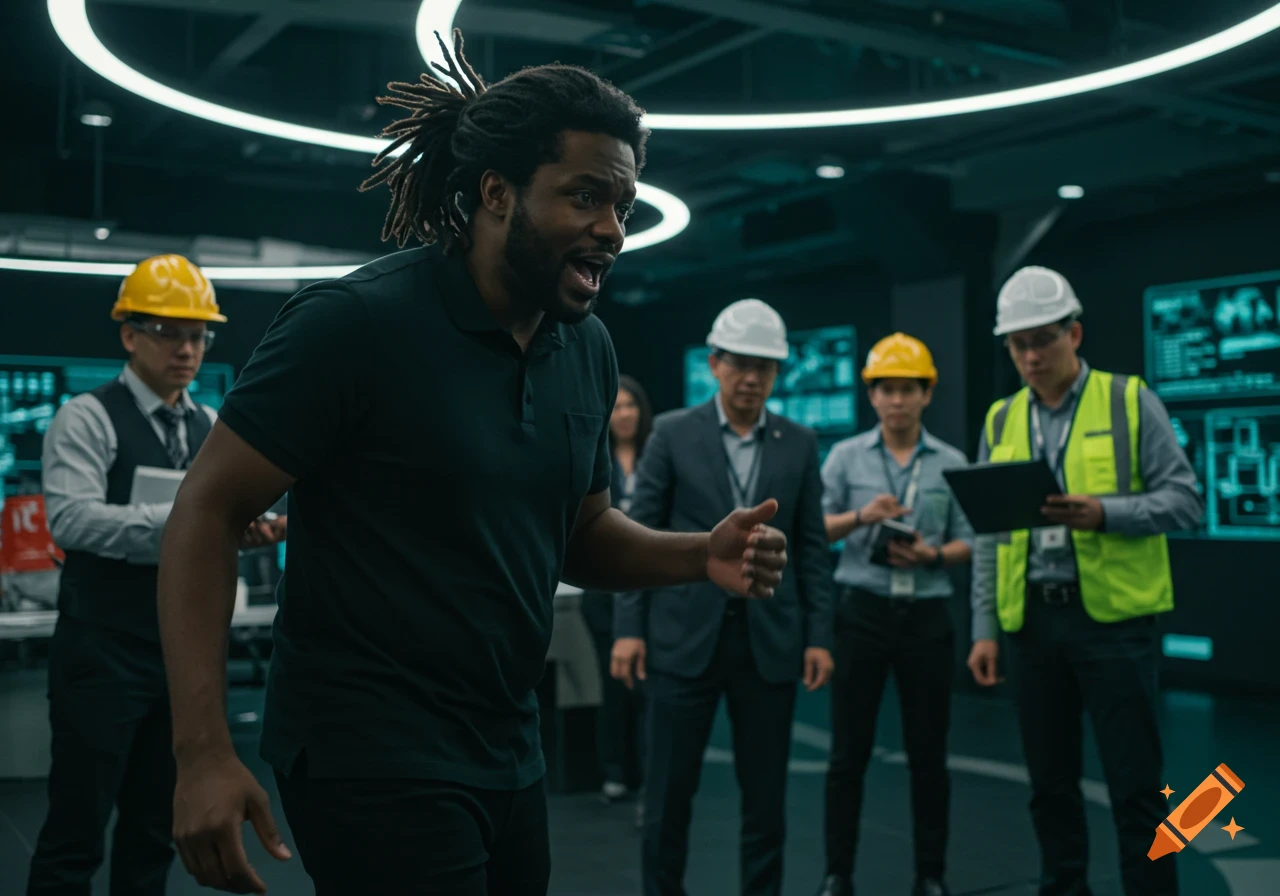 Man speaks animatedly to engineers in hard hats in a control room