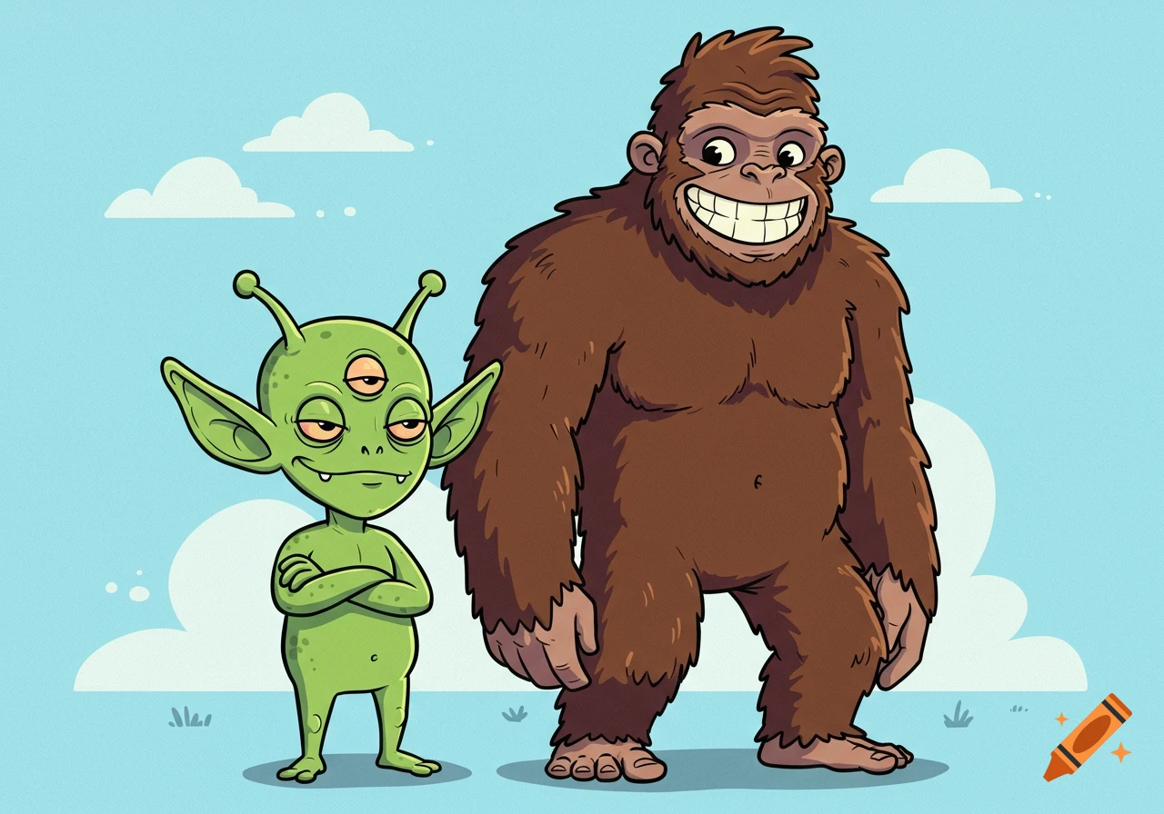 Cartoon of a green alien with three eyes and crossed arms next to a smiling brown Bigfoot.