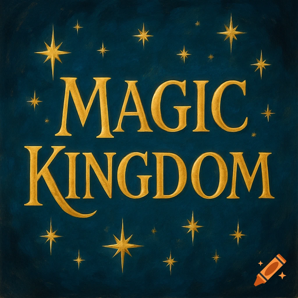 Golden elegant text MAGIC KINGDOM on a dark blue background with golden stars.