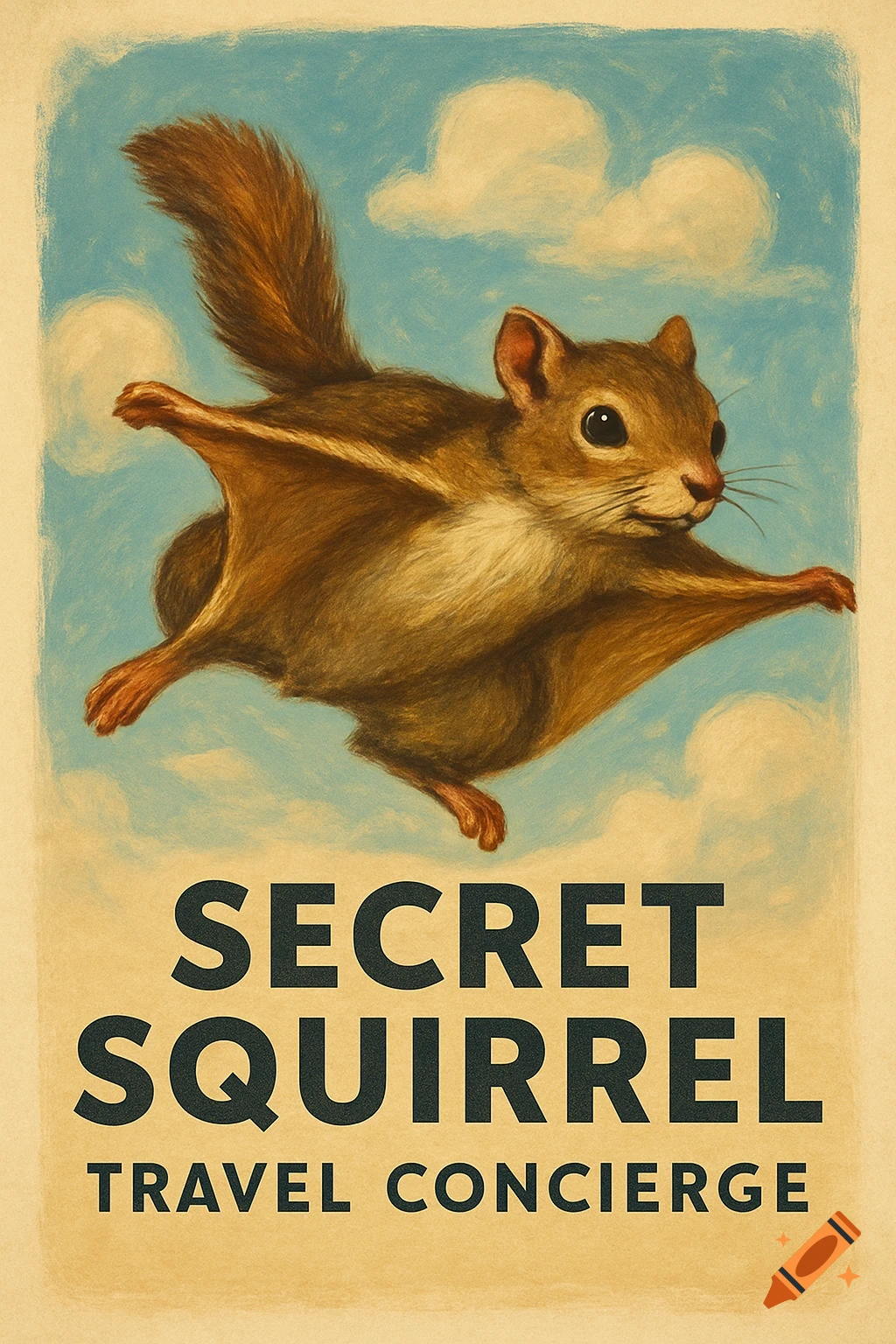 An illustration of a flying squirrel in the sky, with text reading 'SECRET SQUIRREL TRAVEL CONCIERGE' in a poster style.