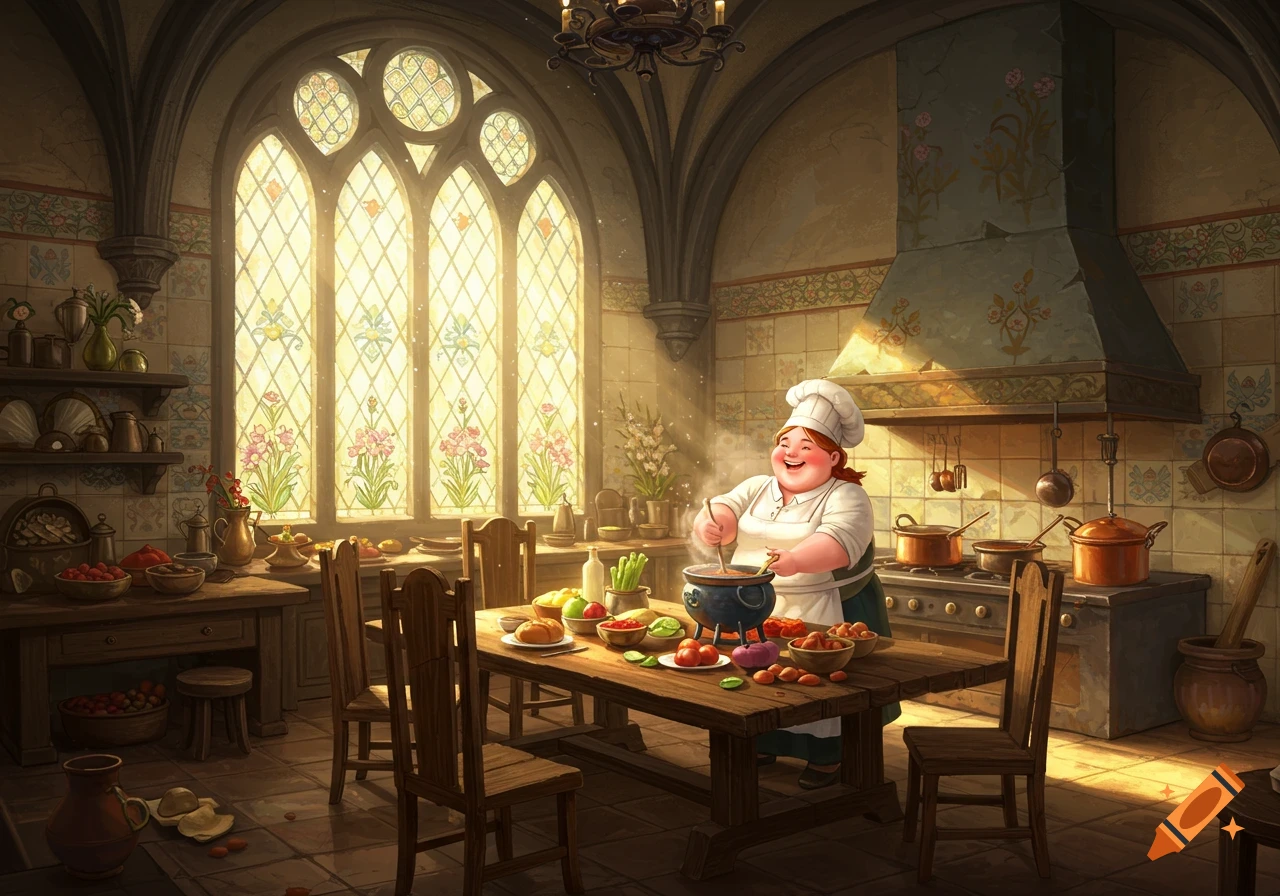Cartoon chef stirring a pot in a fantasy castle kitchen
