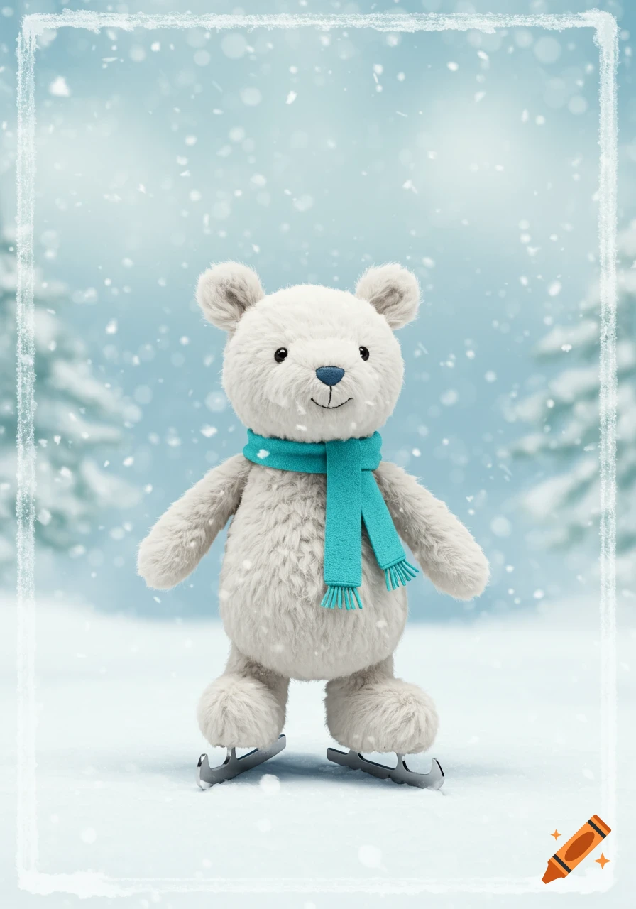 A fluffy white teddy bear wearing a blue scarf ice skates in a snowy winter scene with trees in the background.