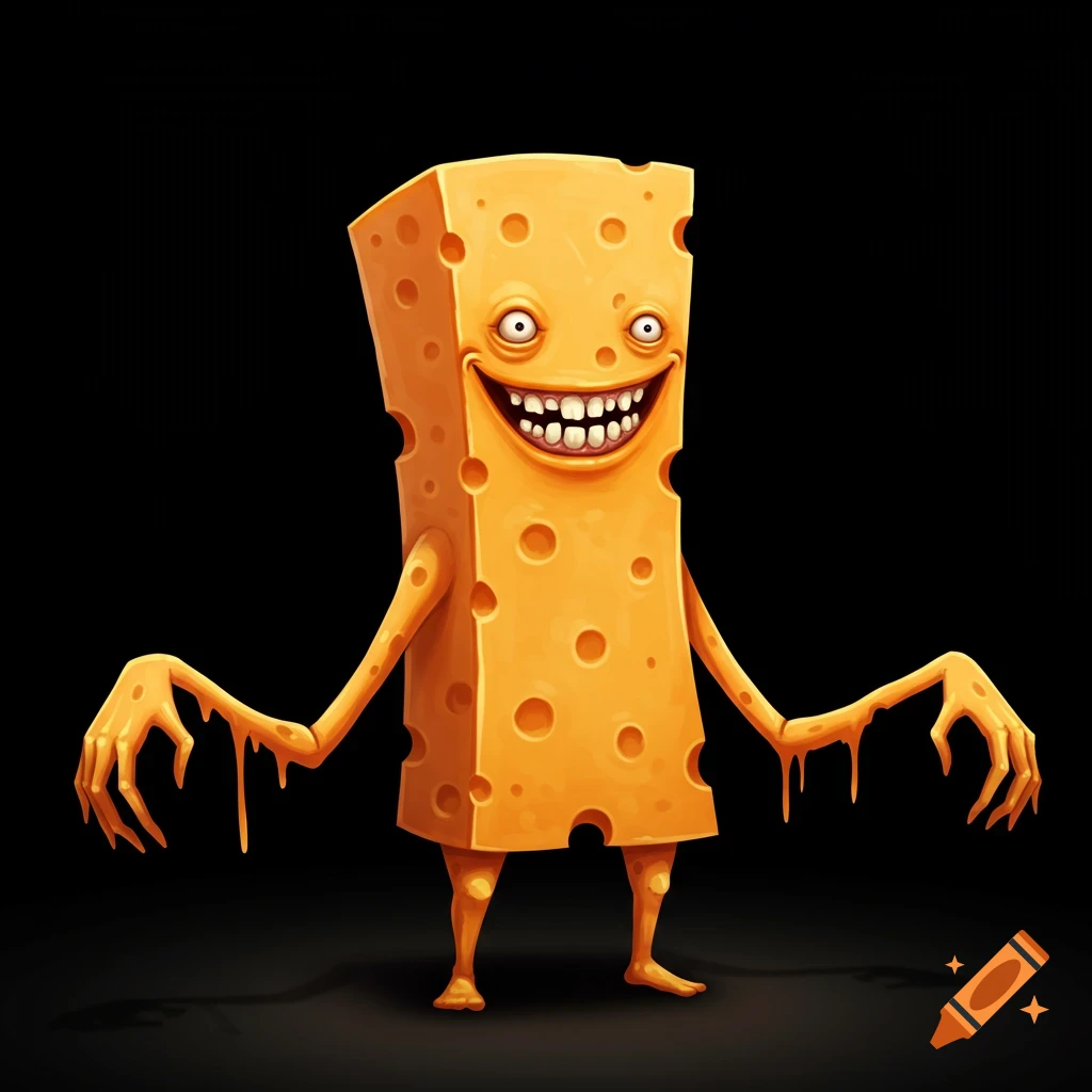 A cartoon creepy monster made of cheese with a weird smile, long arms, and legs on a black background.