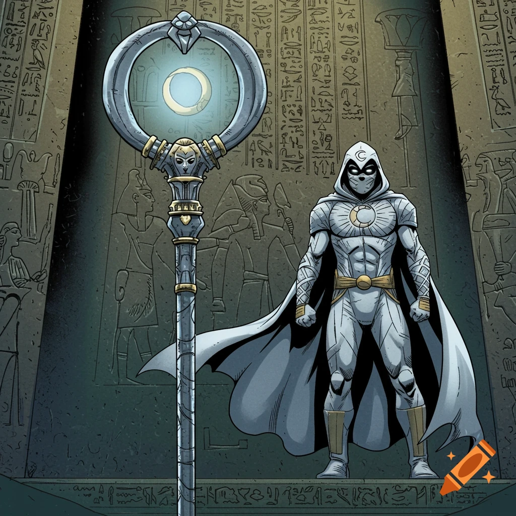 Moon Knight stands next to his staff in an Egyptian temple, comic art style.