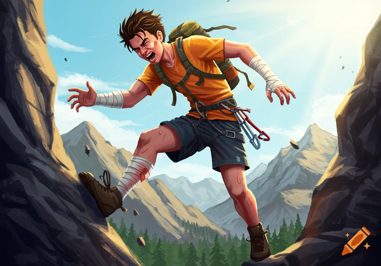 Illustrated depiction of an injured climber falling down a mountain slope