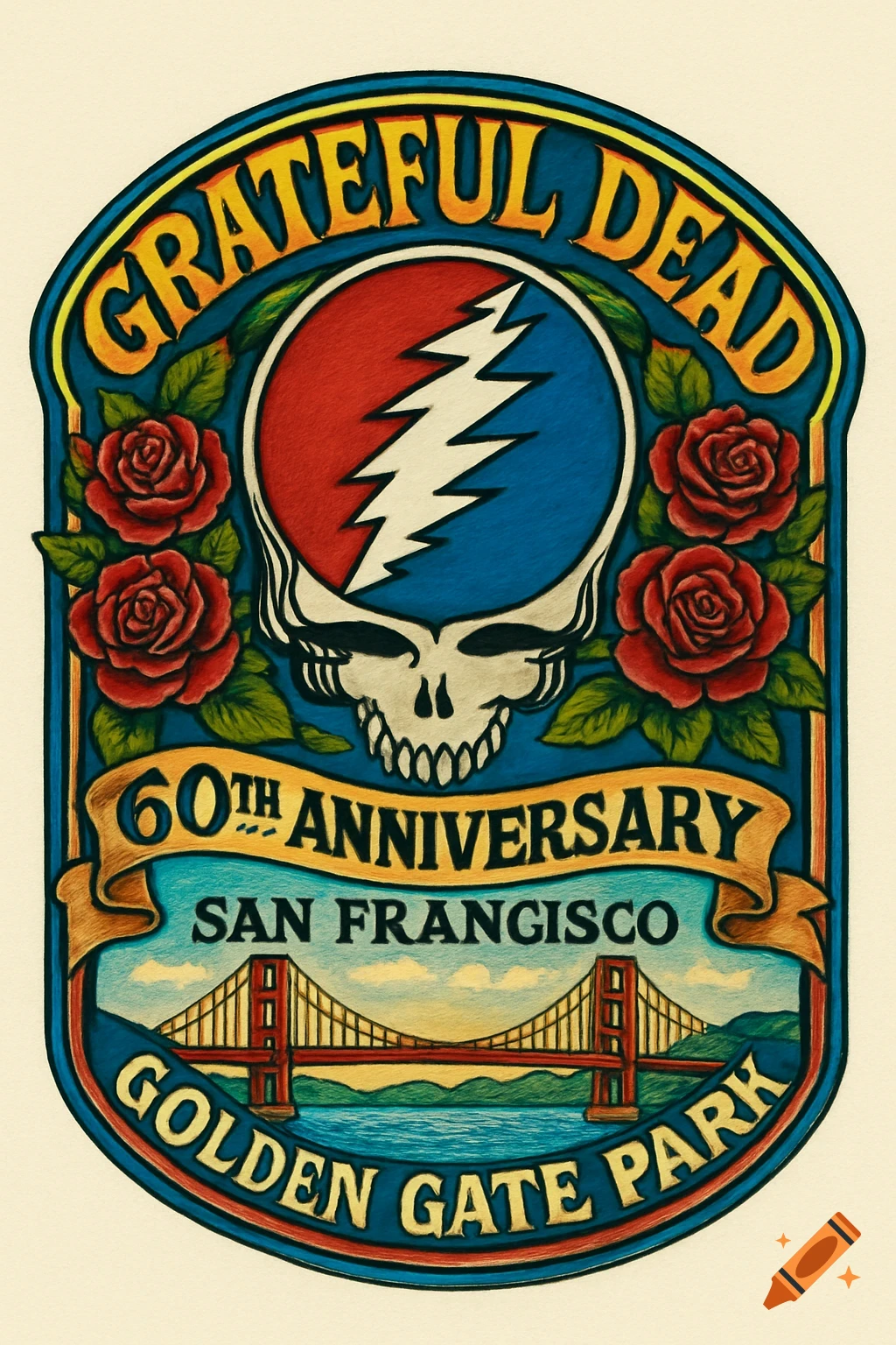 Grateful Dead 60th Anniversary sticker design featuring the Steal Your Face skull, roses, Golden Gate Bridge, and event text.