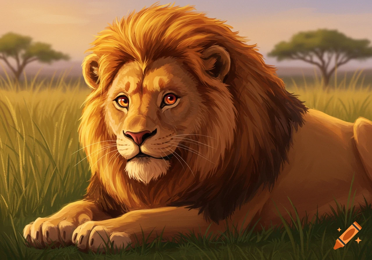 Digital painting of a lion with a golden mane lying in tall grass at sunset.