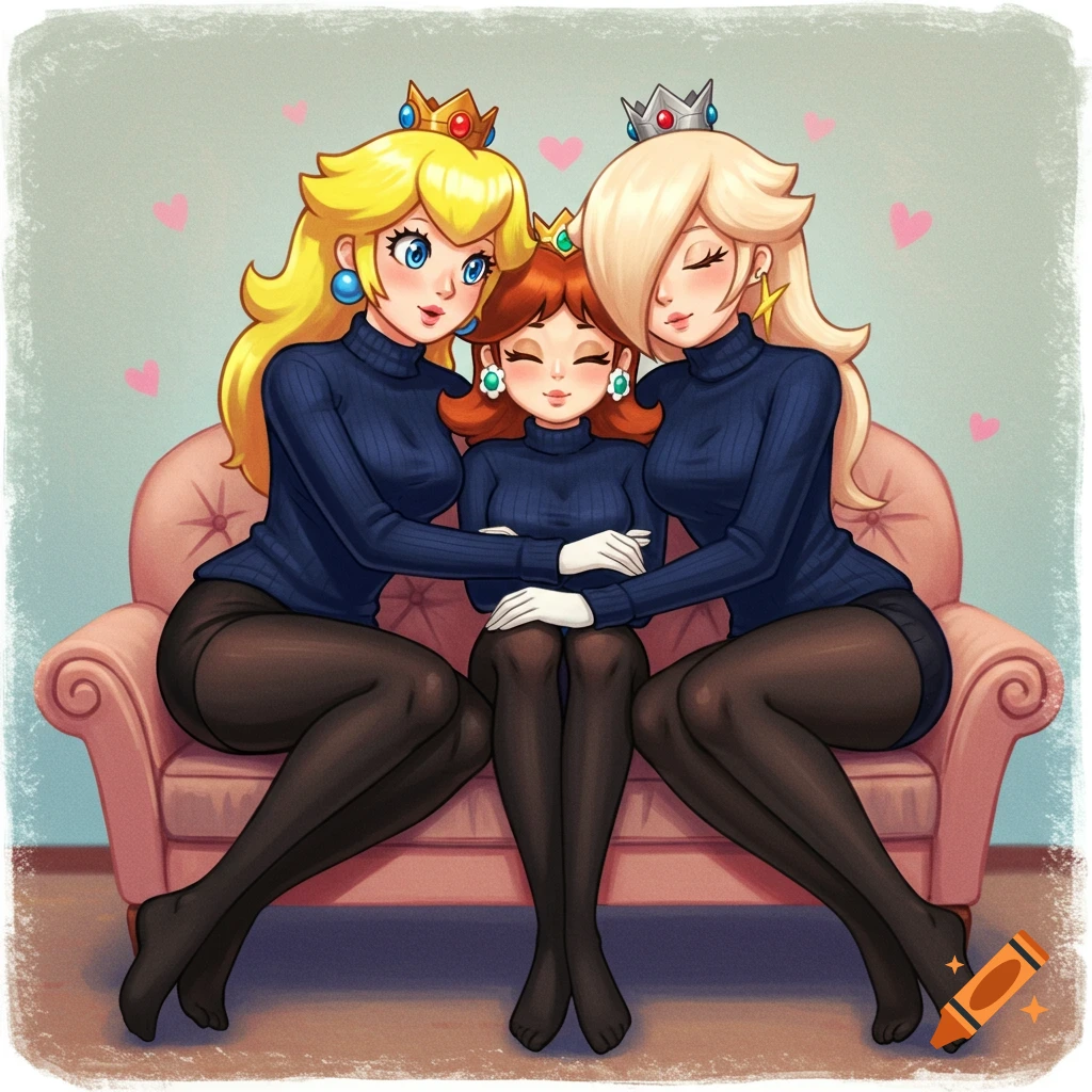 Illustration of Princess Peach, Daisy, and Rosalina hugging on a couch, wearing turtlenecks and tights.