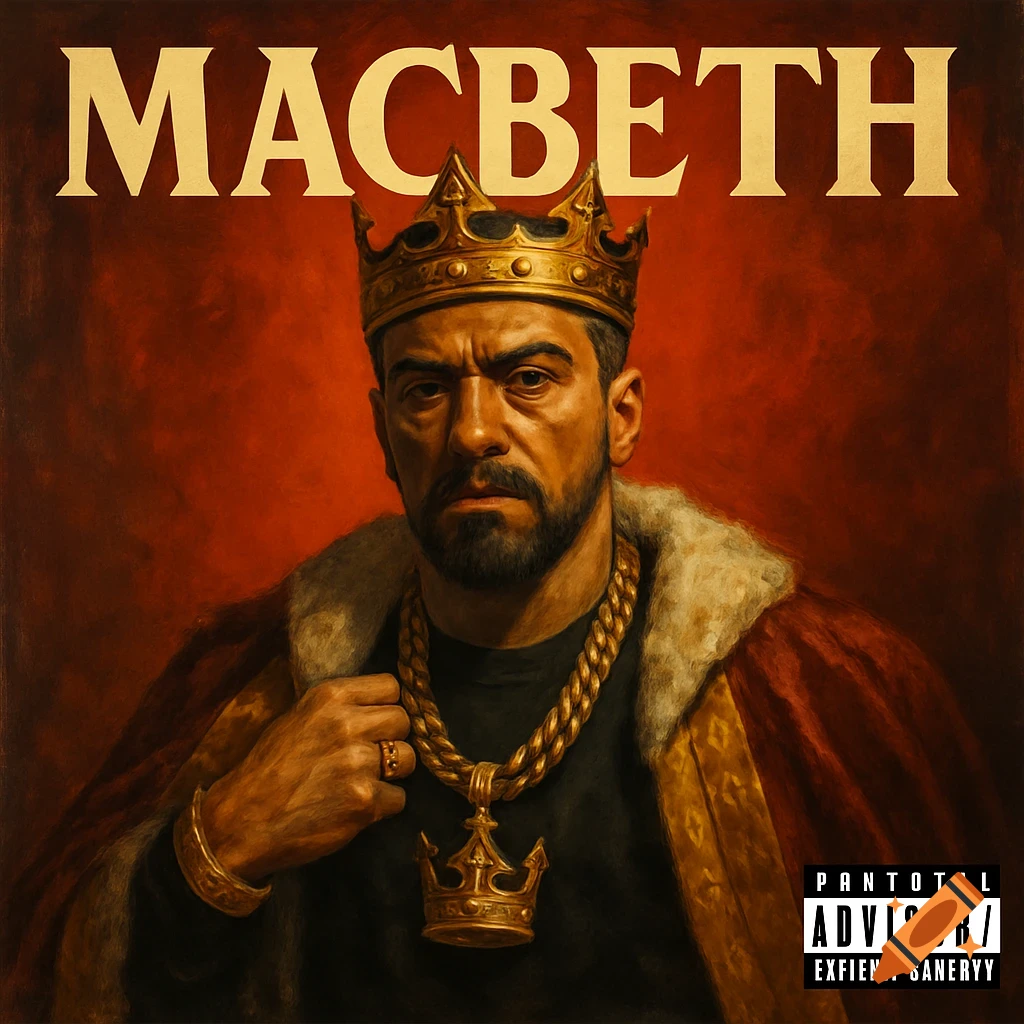 Painted portrait of a modern man in a gold crown and chain with the title Macbeth.