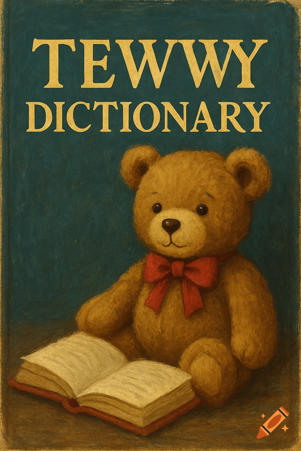 Illustration of a teddy bear sitting next to an open book labeled "Tewwy Dictionary".
