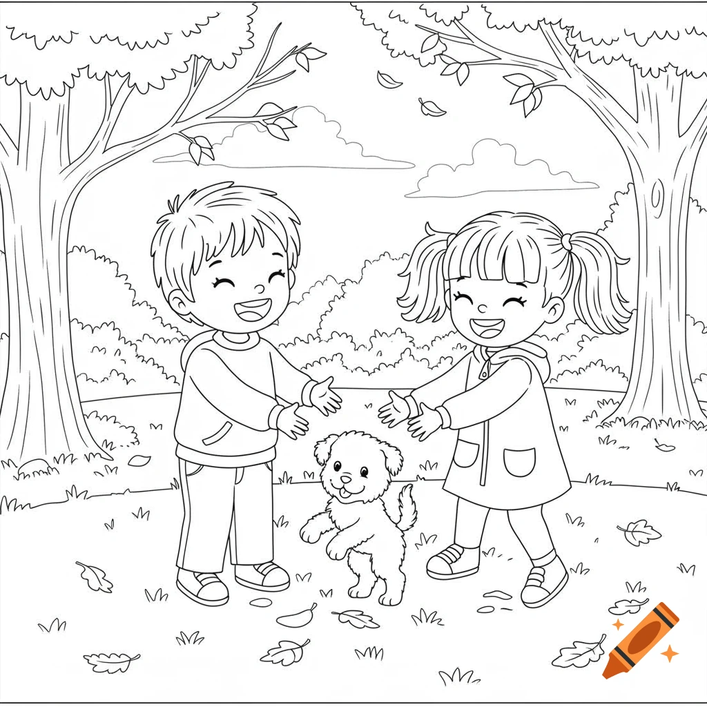 Black and white coloring book illustration of two children playing with a puppy in a park.