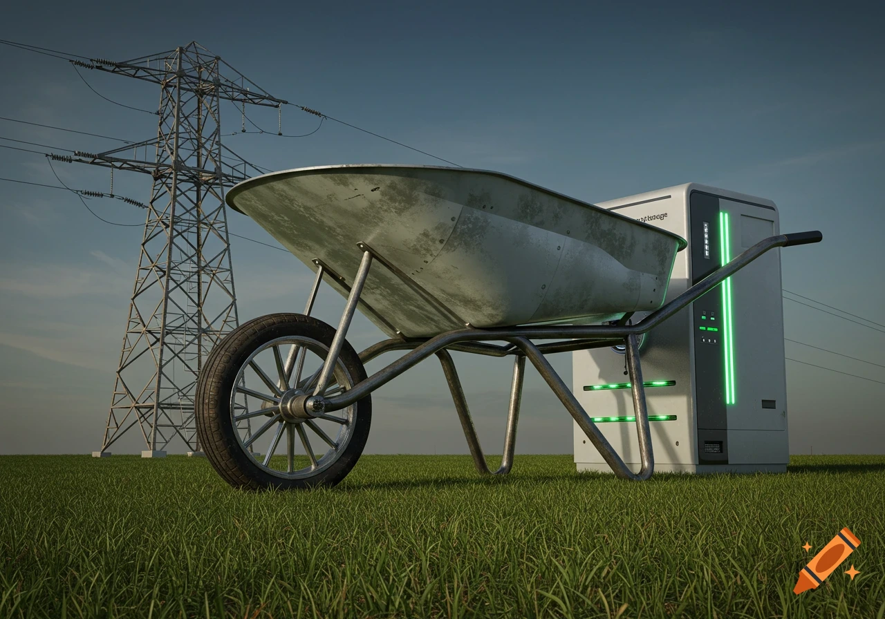 A photorealistic 3D render of a wheelbarrow, server rack, and power tower in a grassy field.