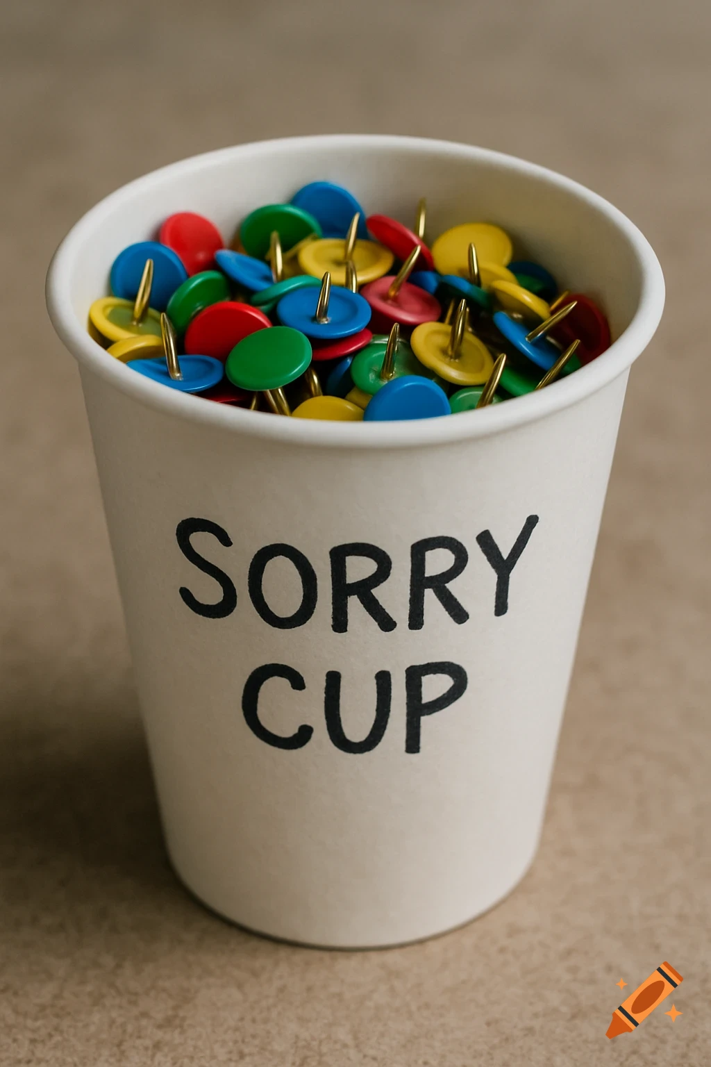 A white paper cup filled with red, blue, yellow, and green thumbtacks, with 'SORRY CUP' written on the side, on a textured surface.