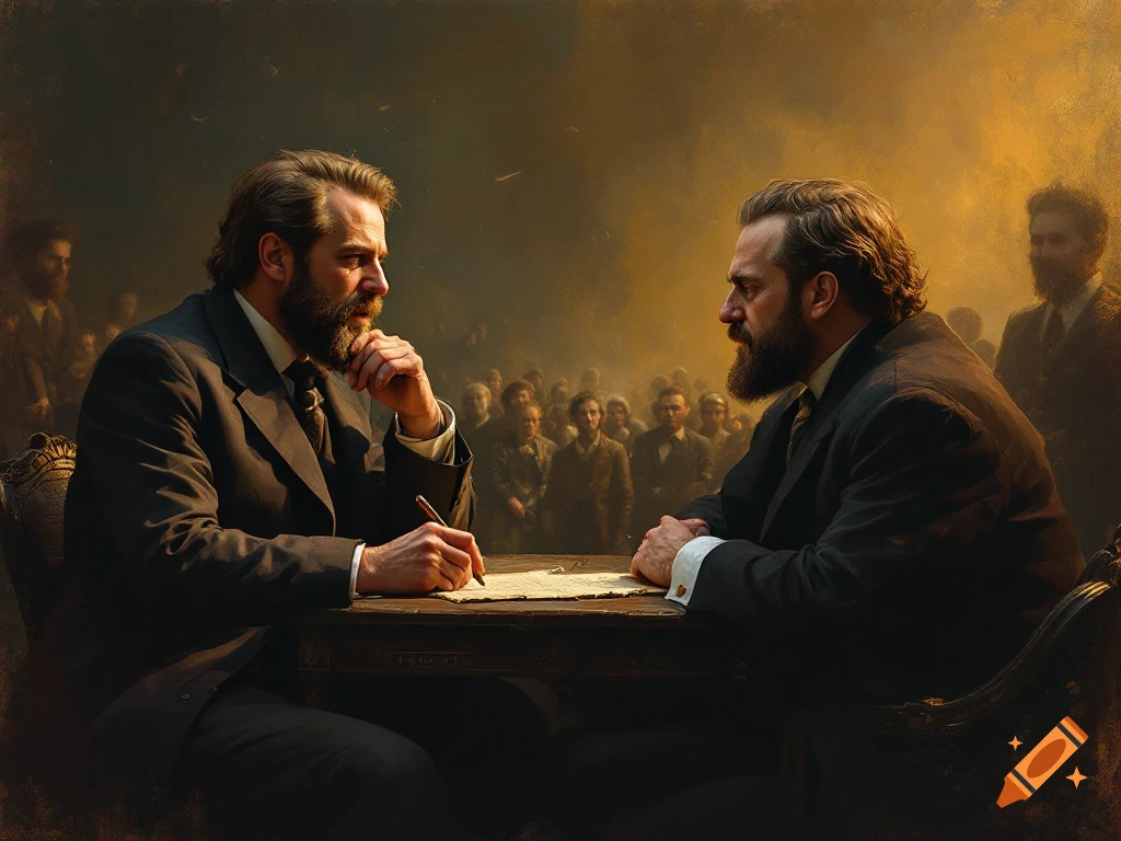 Two men in historical clothing sit at a table with a document between them, talking, while a crowd watches in the background, in a painterly style.