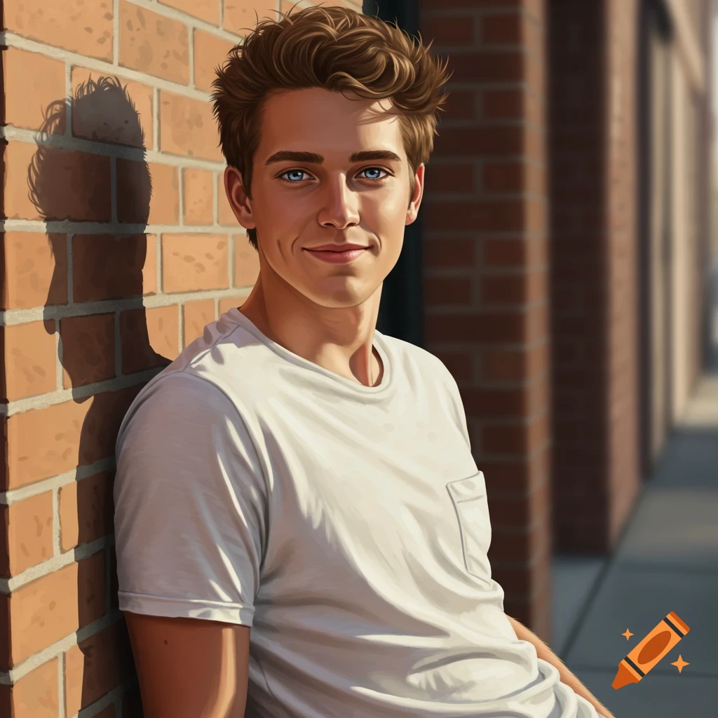 Young white man with brown hair and blue eyes smiling, leaning against a brick wall in sunlight, illustration.
