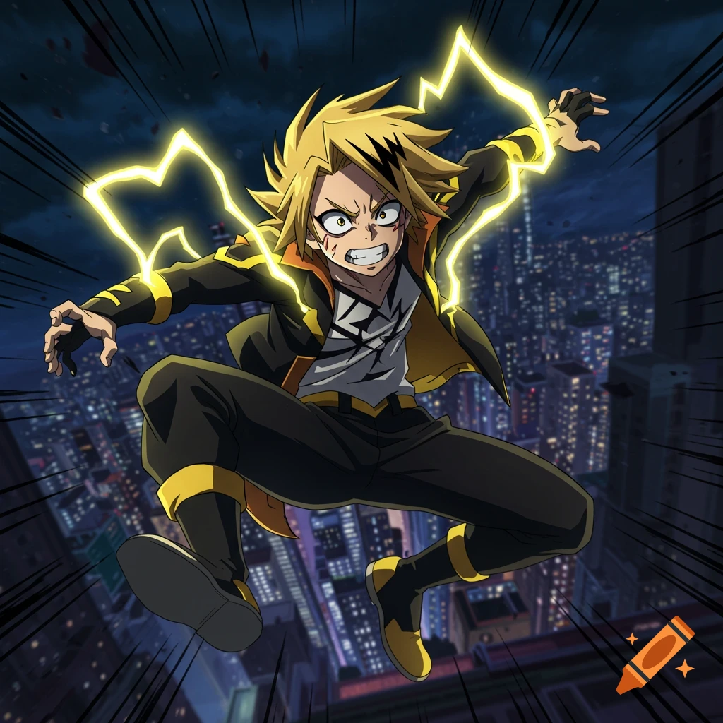 Anime illustration of Denki Kaminari jumping with lightning over a city skyline at night.