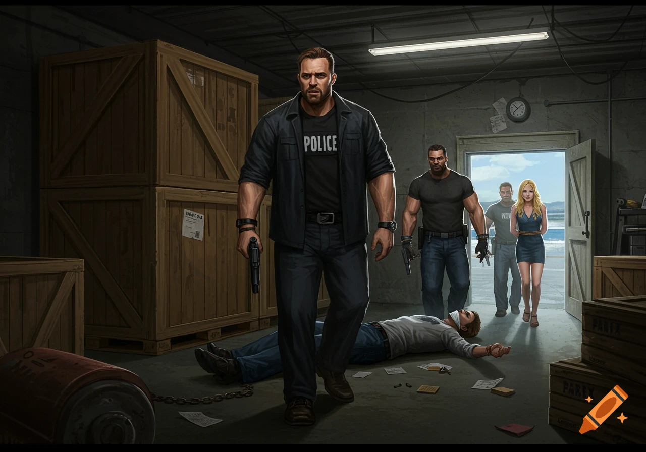 Illustrative scene of police agents in a warehouse with suspects and bound hostages.
