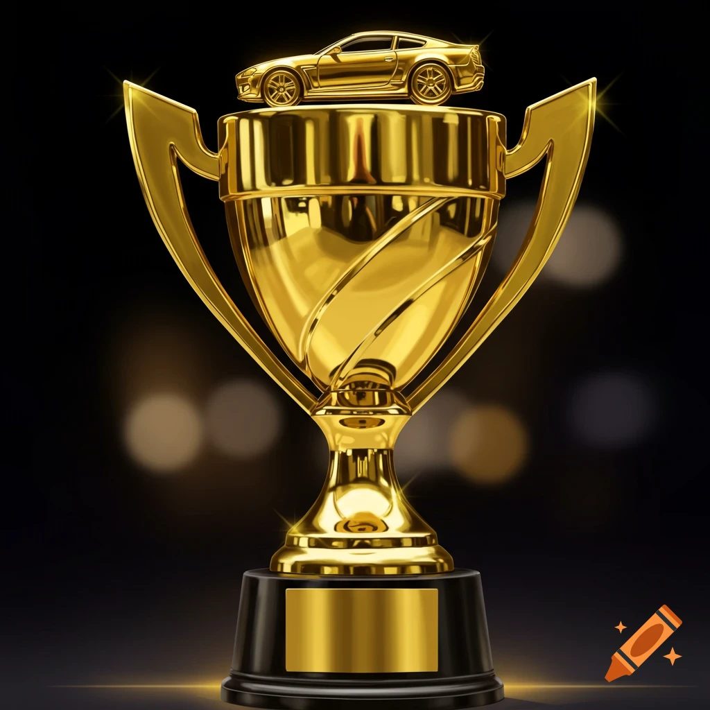 A shiny golden trophy topped with a gold car, suggesting a car show award.