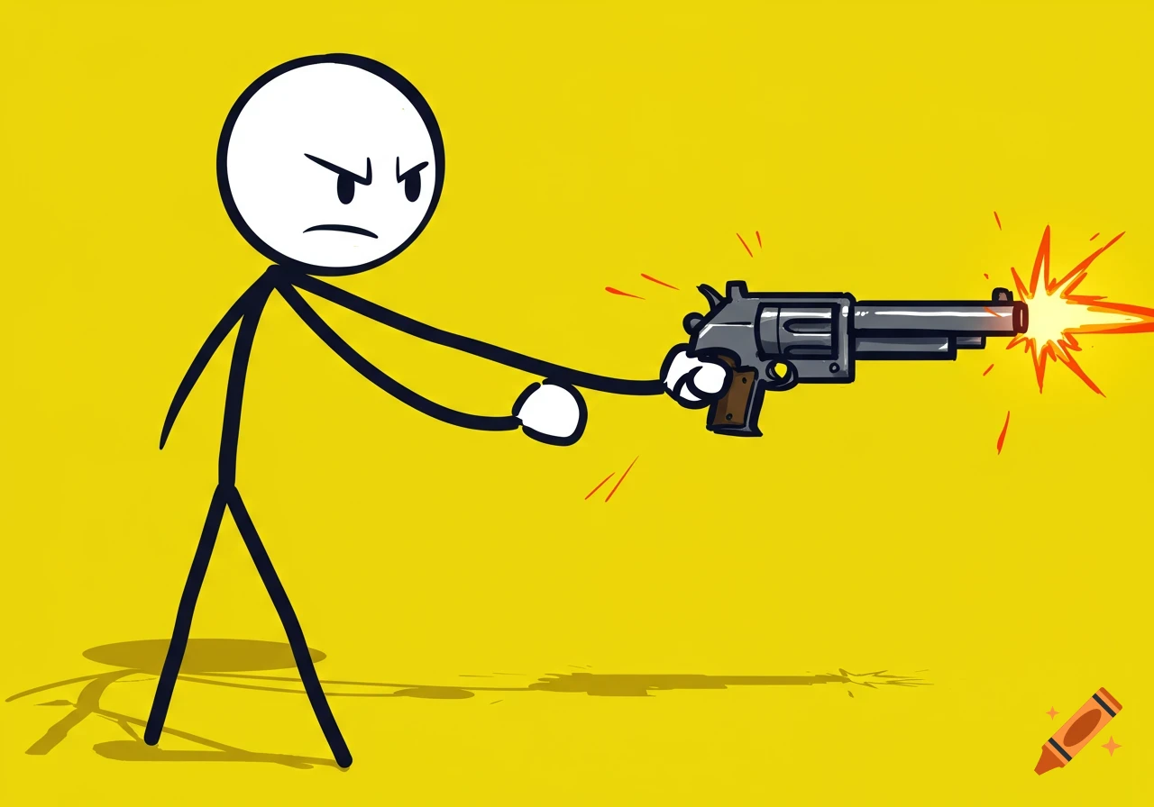 A cartoon stick figure shoots a gun.