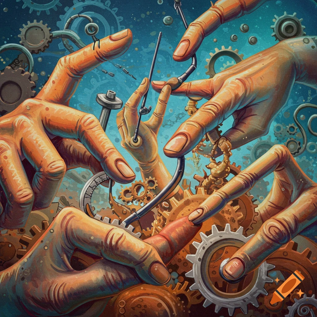 Detailed illustration of multiple hands interacting with clockwork gears and mechanisms.