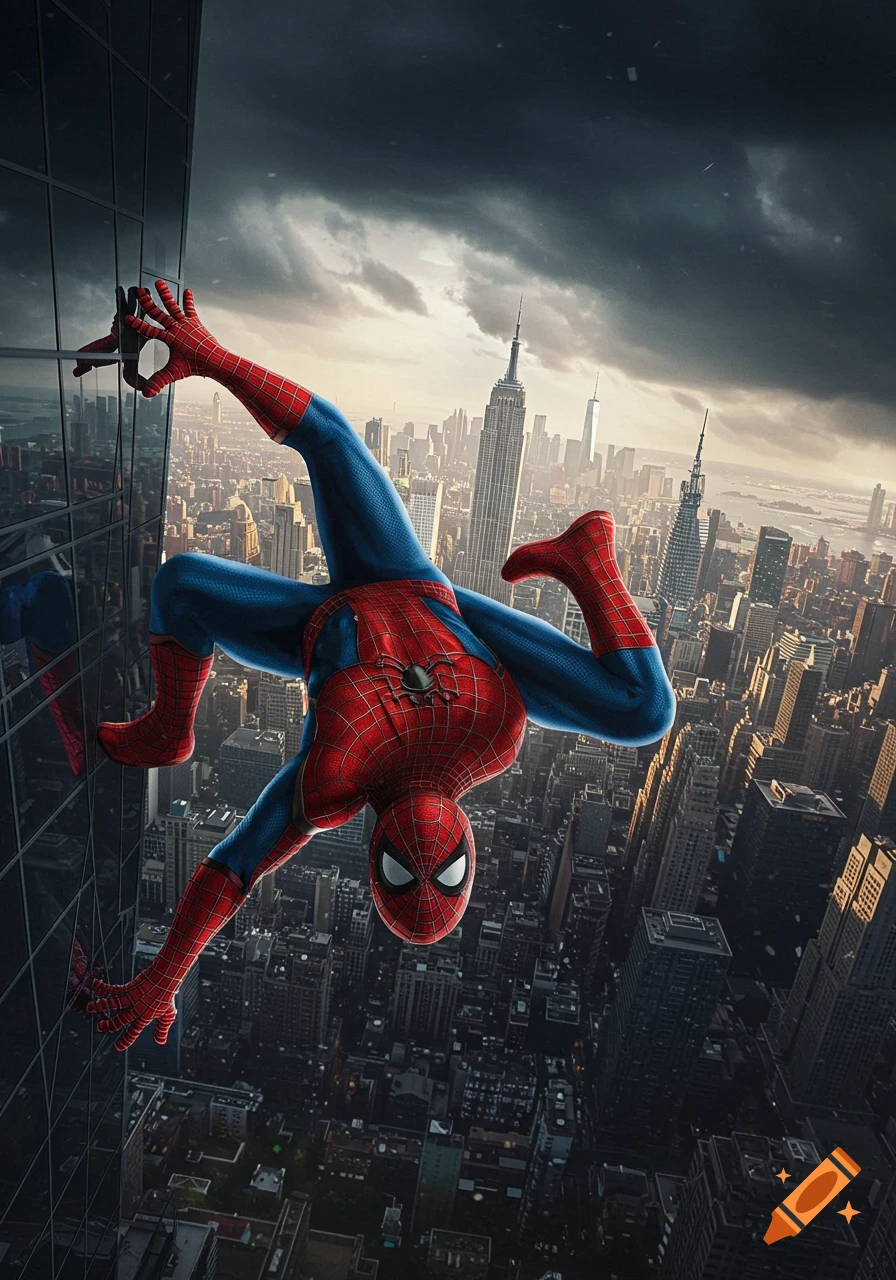 Spiderman hangs upside down on the side of a skyscraper high above a city skyline.