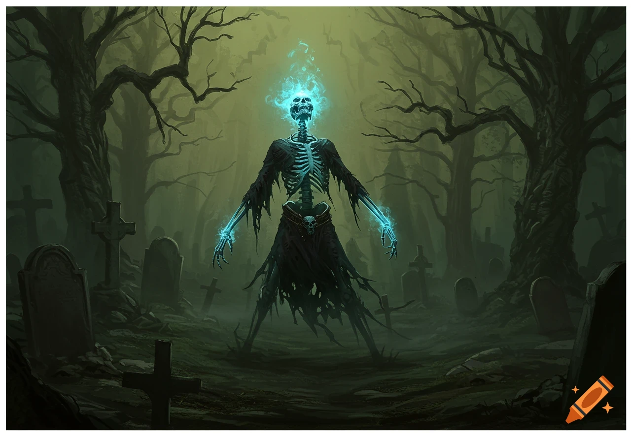 Undead skeleton with glowing blue flames rising from a grave in a misty graveyard with dead trees.