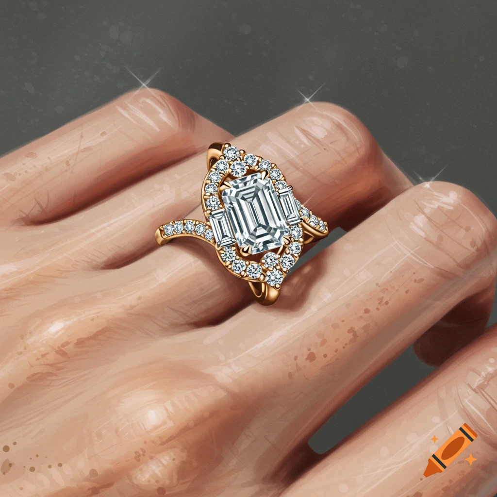Close-up of a hand wearing a gold engagement ring with a large emerald-cut diamond and surrounding smaller diamonds.