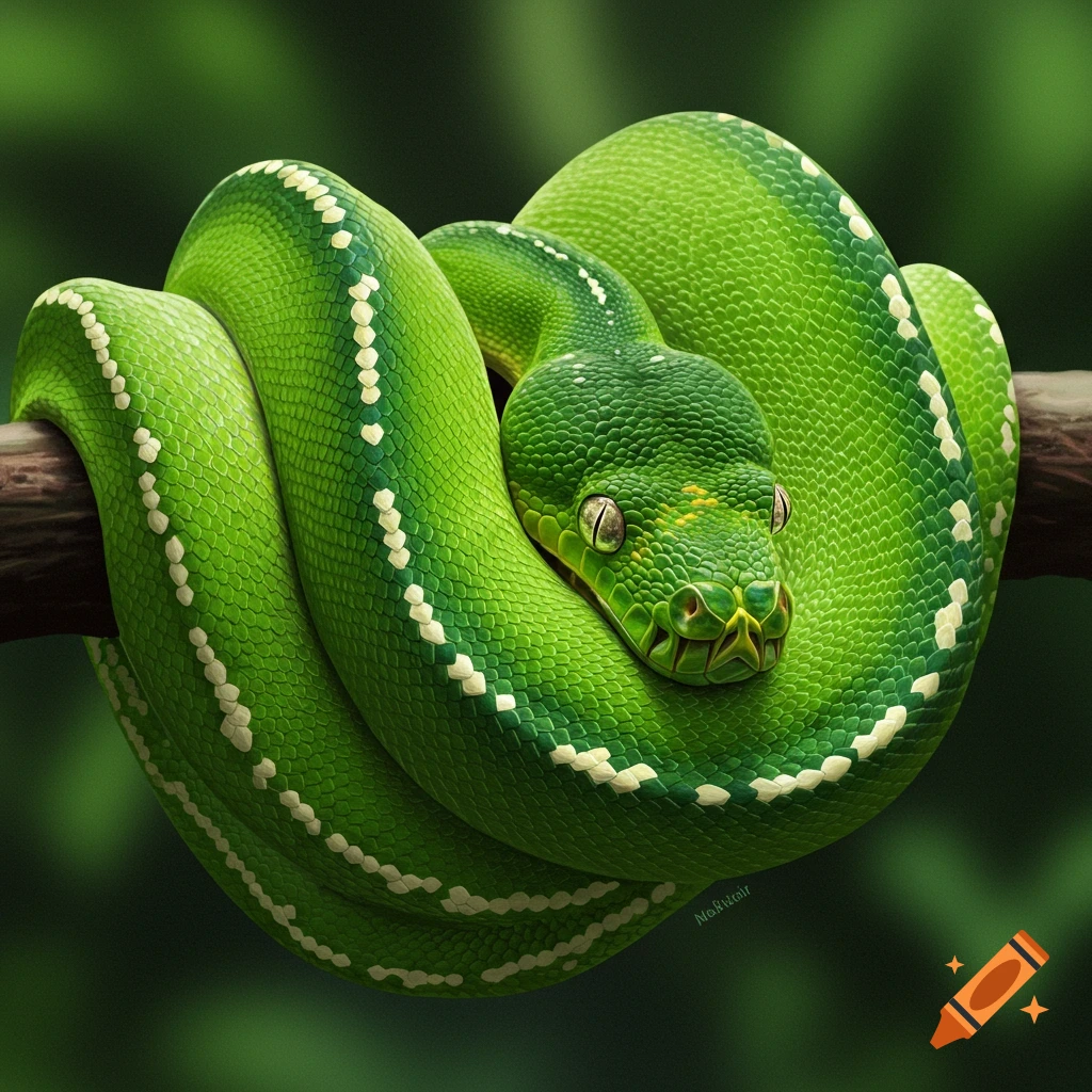 A vibrant green tree python coiled around a branch in a forest.