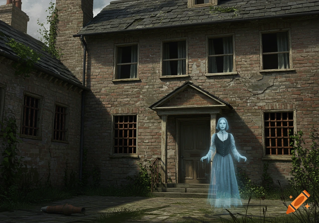 A translucent ghost woman stands in the cobblestone courtyard of an old, run-down brick house.