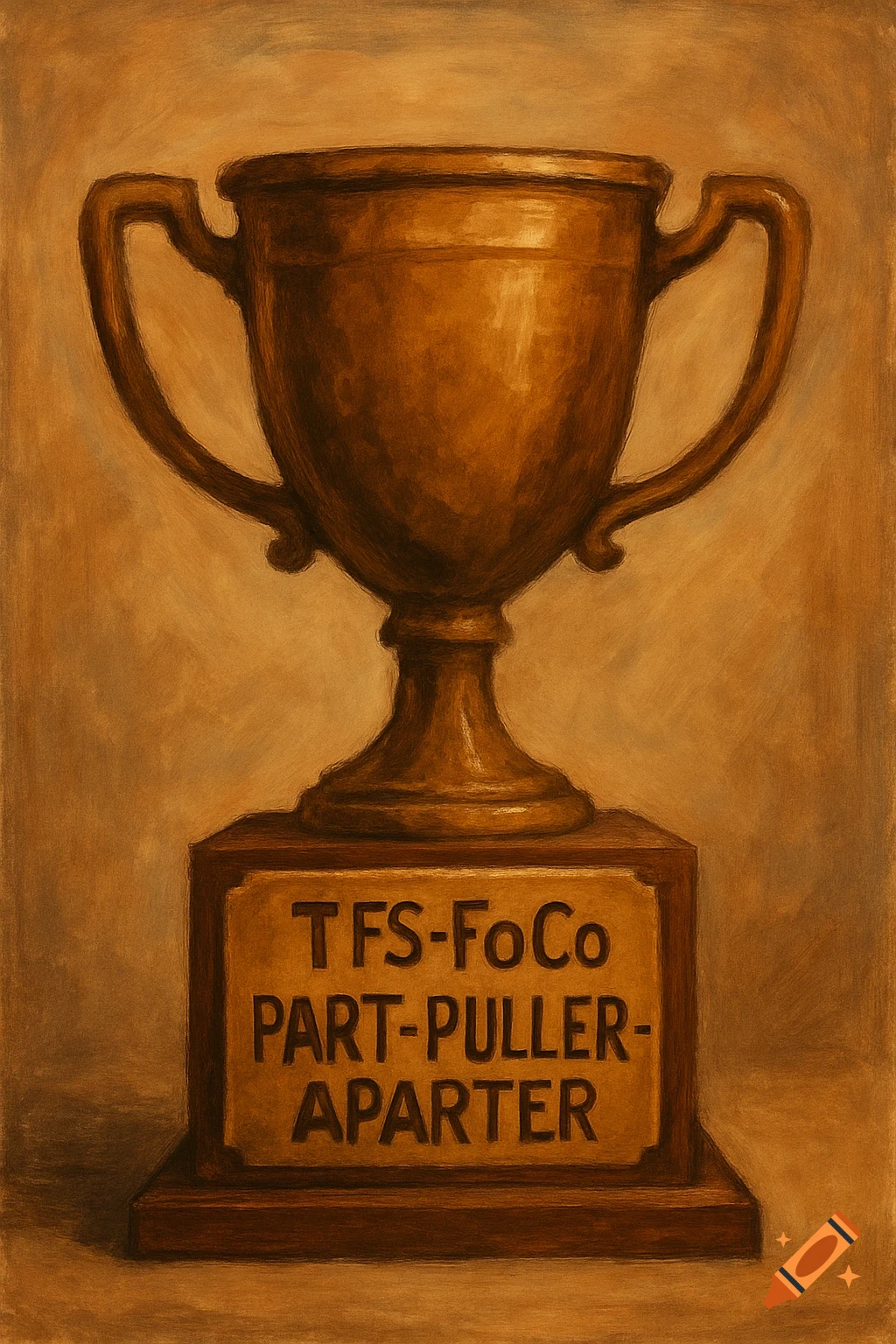 A painting of a bronze trophy with text on the base.