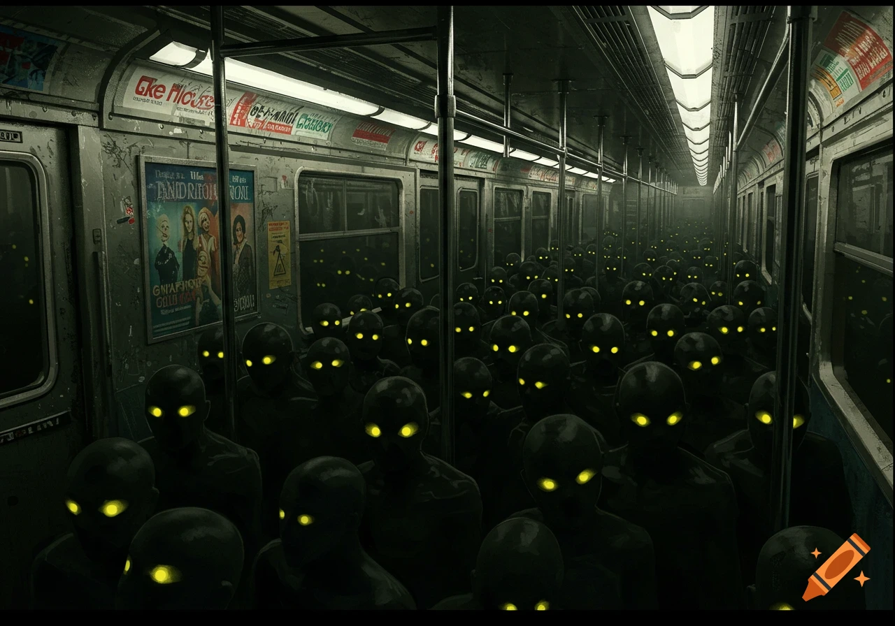 A dark subway car is packed with countless shadowy figures, each with glowing yellow eyes.