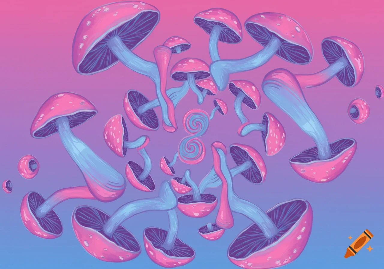 Stylized pink and blue mushrooms in a psychedelic kaleidoscope pattern