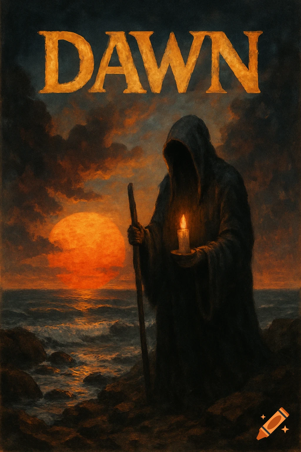 Painting of a hooded figure holding a candle by the sea at sunset with the text DAWN at the top.