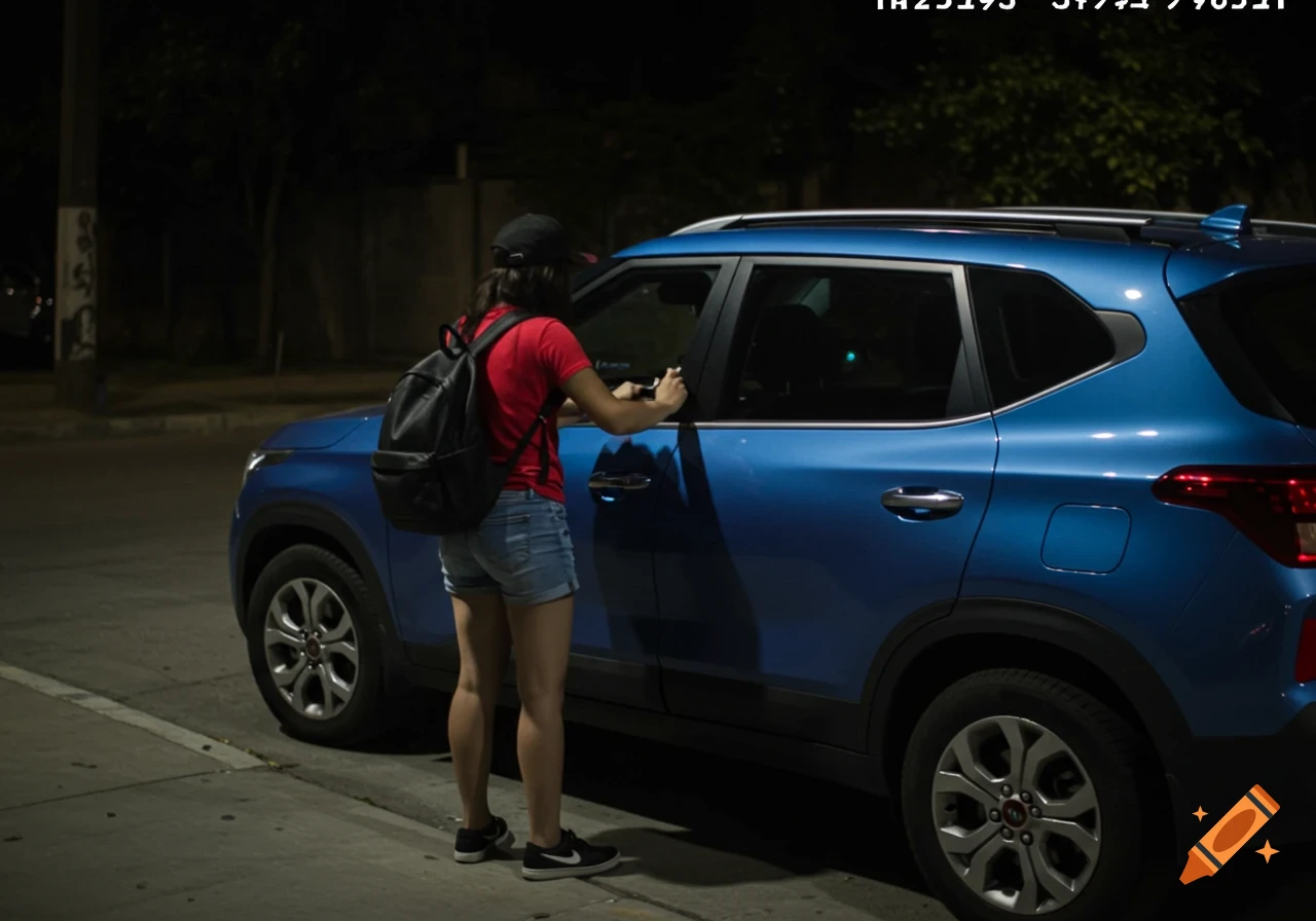 CCTV footage of a woman in a cap and backpack standing next to a blue SUV at night.