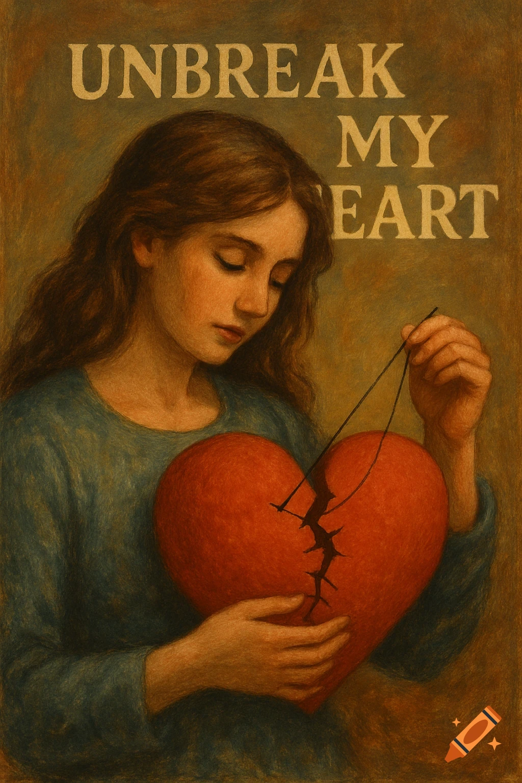 Painting of a woman sewing together a broken heart, with the text 'UNBREAK MY HEART' above.
