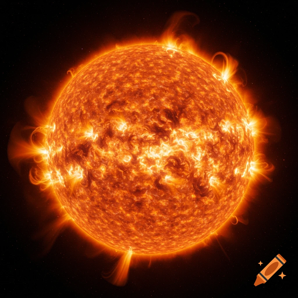 A close-up view of the sun showing its fiery surface and prominences against a dark, starry background.