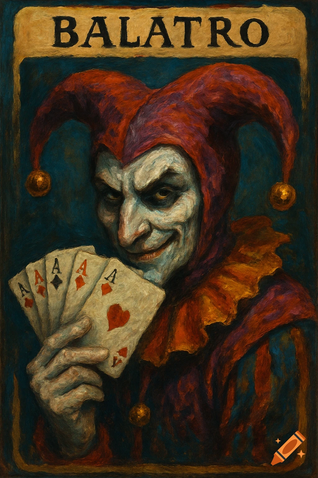 A stylized painting of a jester in a red hat holding a hand of four aces, with the text 'BALATRO' above.