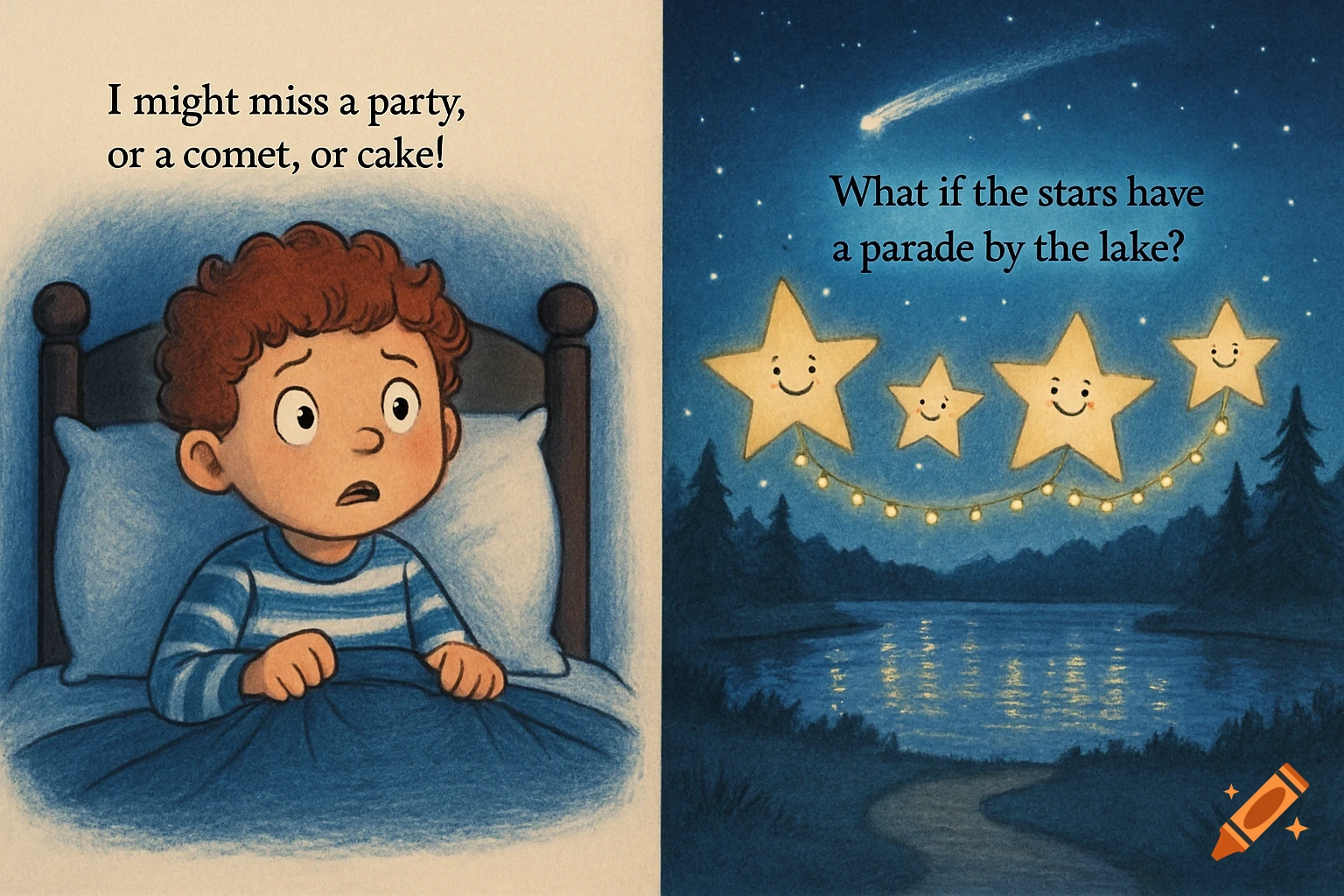 Children's illustration of a worried boy in bed and a starry night scene with smiling stars over a lake.