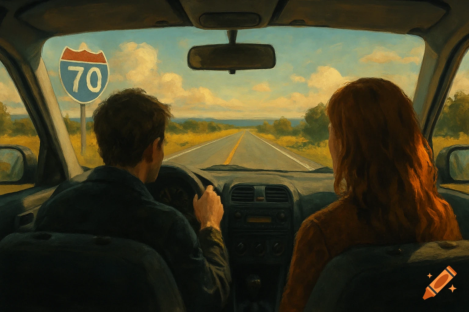 Painterly view from inside a car of two people driving down a highway towards the horizon, passing an Interstate 70 sign.