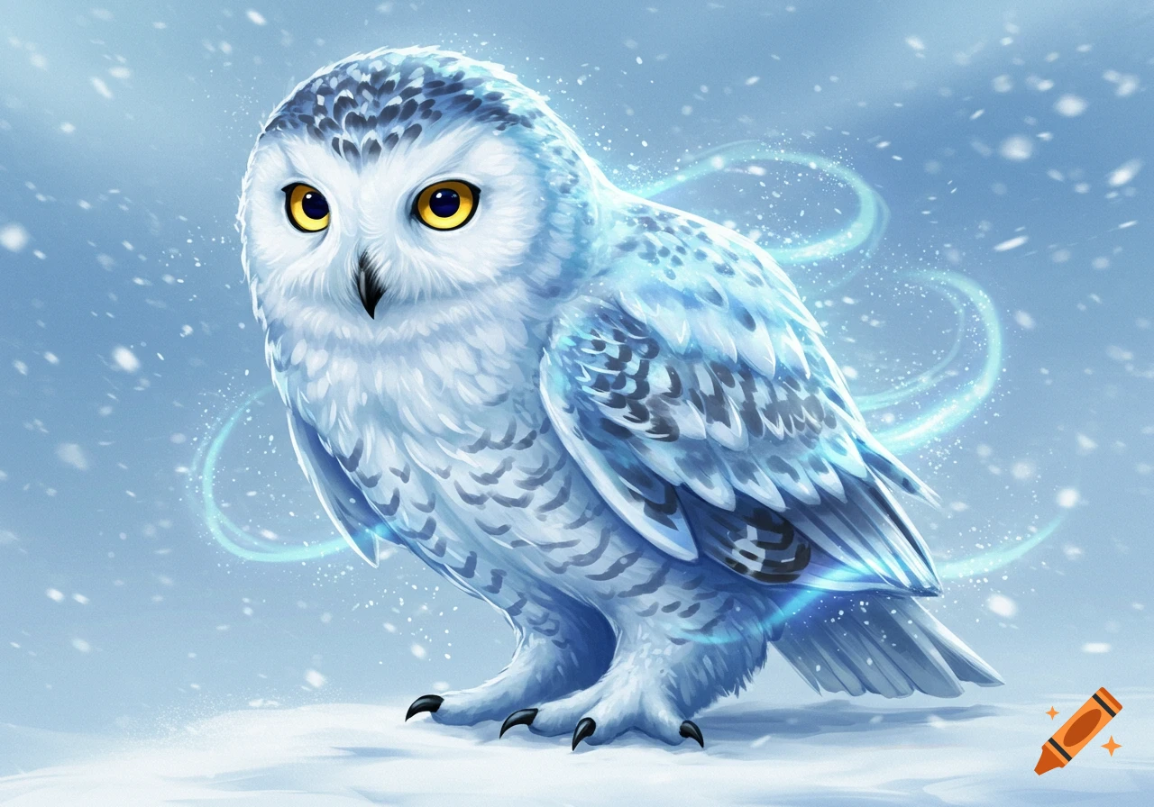Illustration of a snowy owl standing in snow with blue light effects.