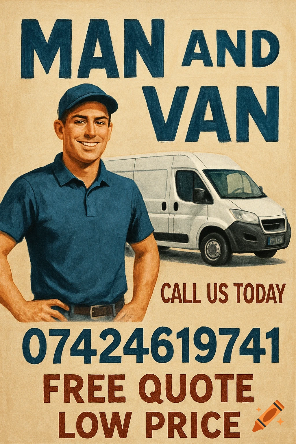 Poster for 'Man and Van' service featuring a man, a white van, and contact information. Stylized illustration.