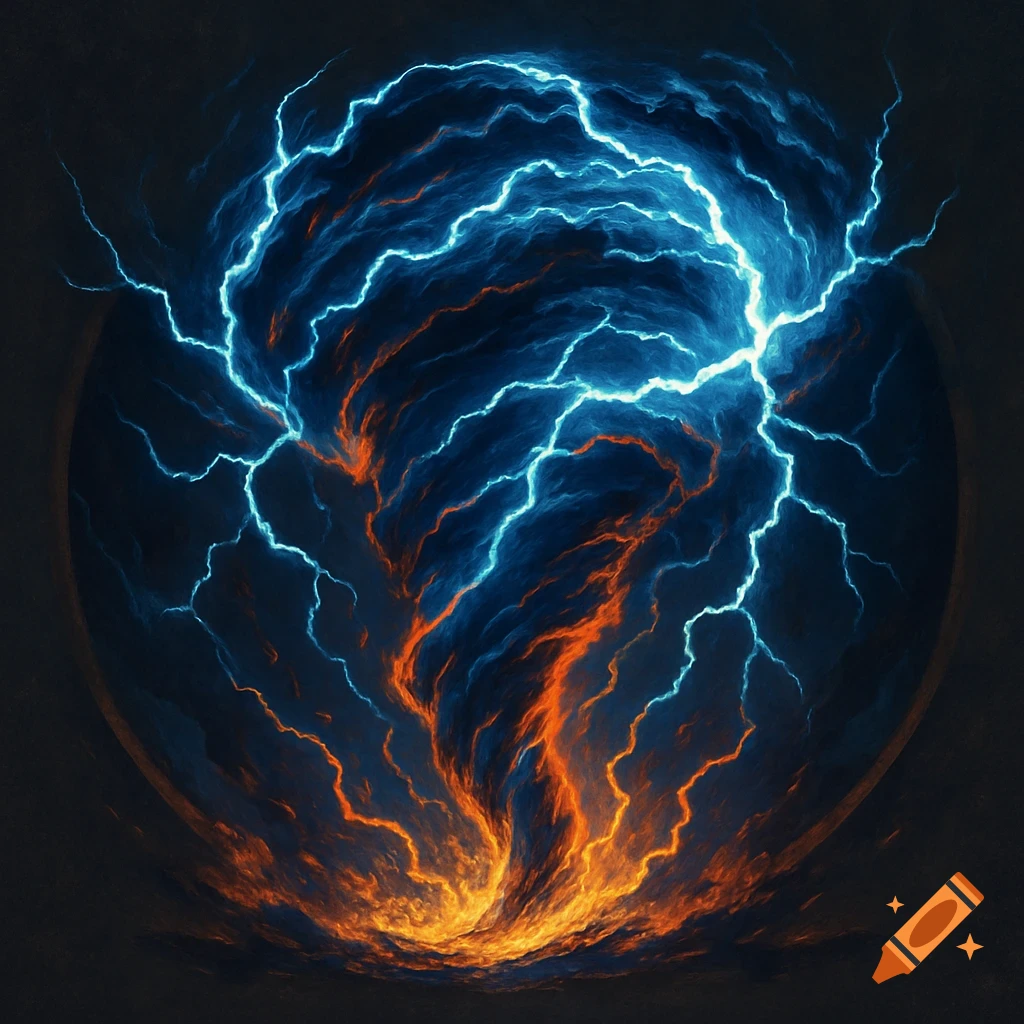 A swirling vortex of blue lightning and orange fire energy against a dark background.