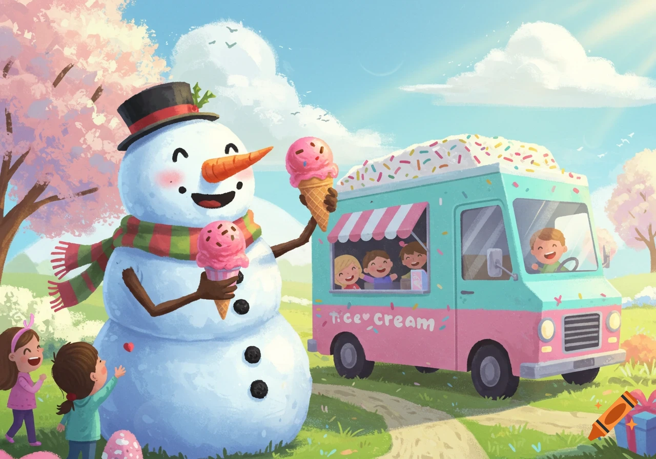 Cartoon illustration of a snowman holding ice cream with children at an ice cream truck in a sunny landscape.