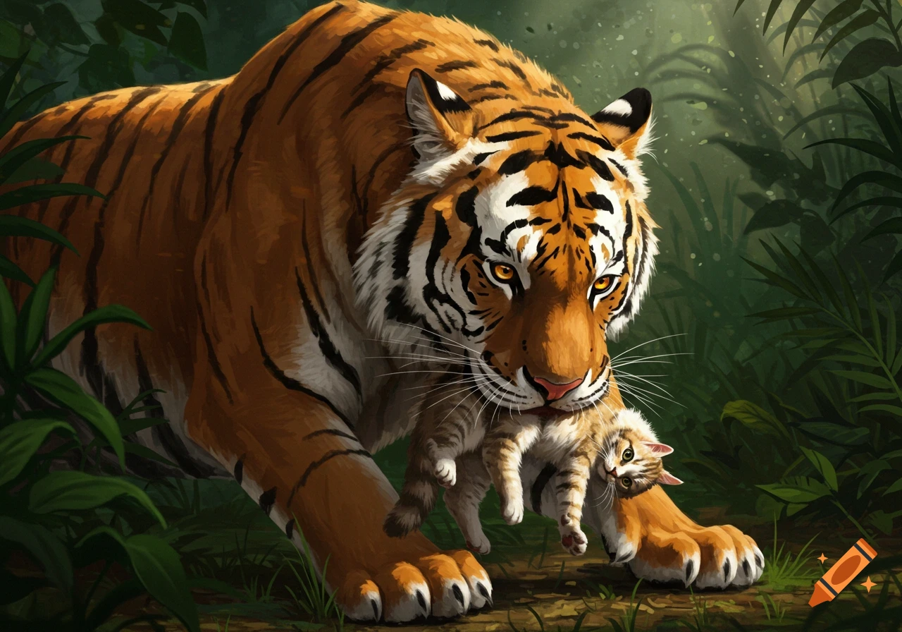 A large tiger carries a small tabby cat in its mouth through a dense jungle in digital art style.
