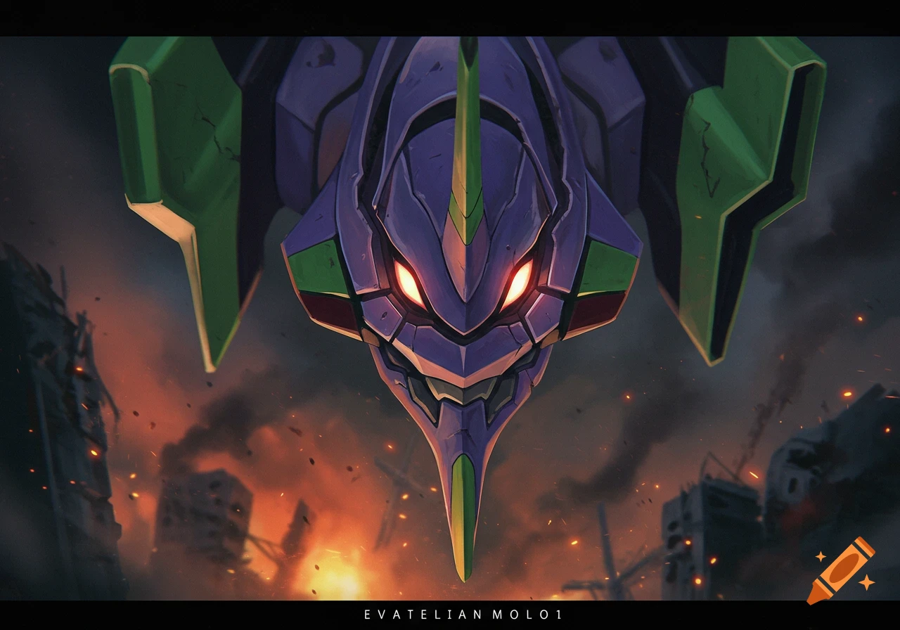 Close-up of a purple and green Evangelion unit head with glowing eyes overlooking a destroyed city.