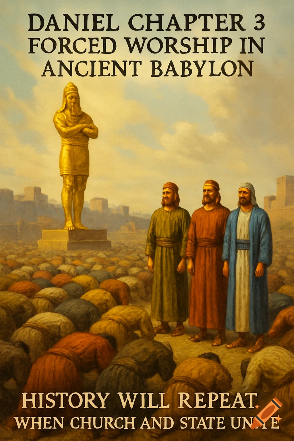 Golden statue in ancient Babylon with many bowing, three standing. Text: Daniel Ch 3 & History Will Repeat.