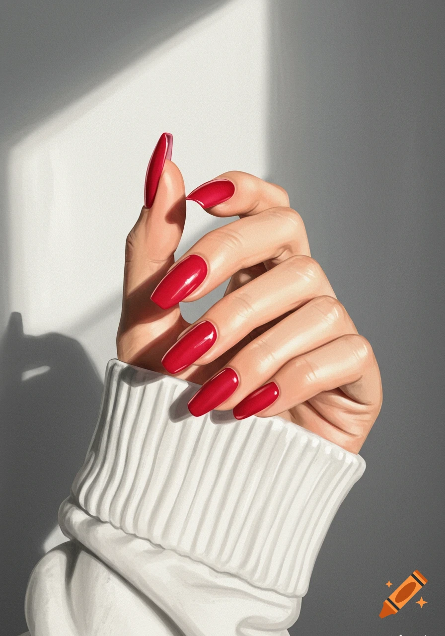 Hand with long red nails and white sweater cuff in sunlight