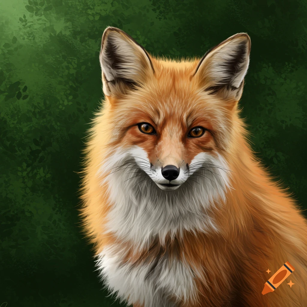 Close-up digital painting of a red fox against a green background.