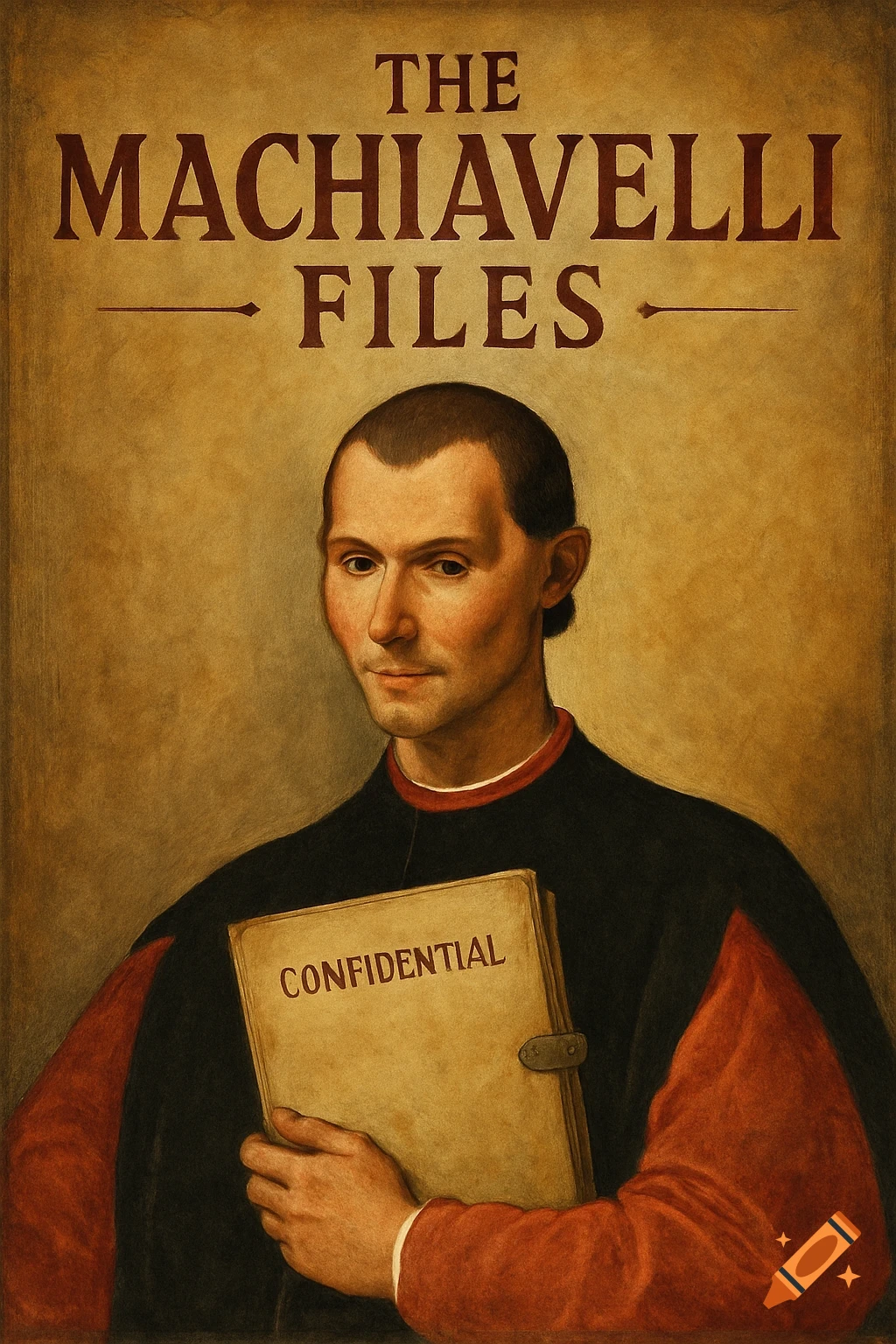 Portrait of a man holding a book, with title 'THE MACHIAVELLI FILES' above, in a historical painting style.
