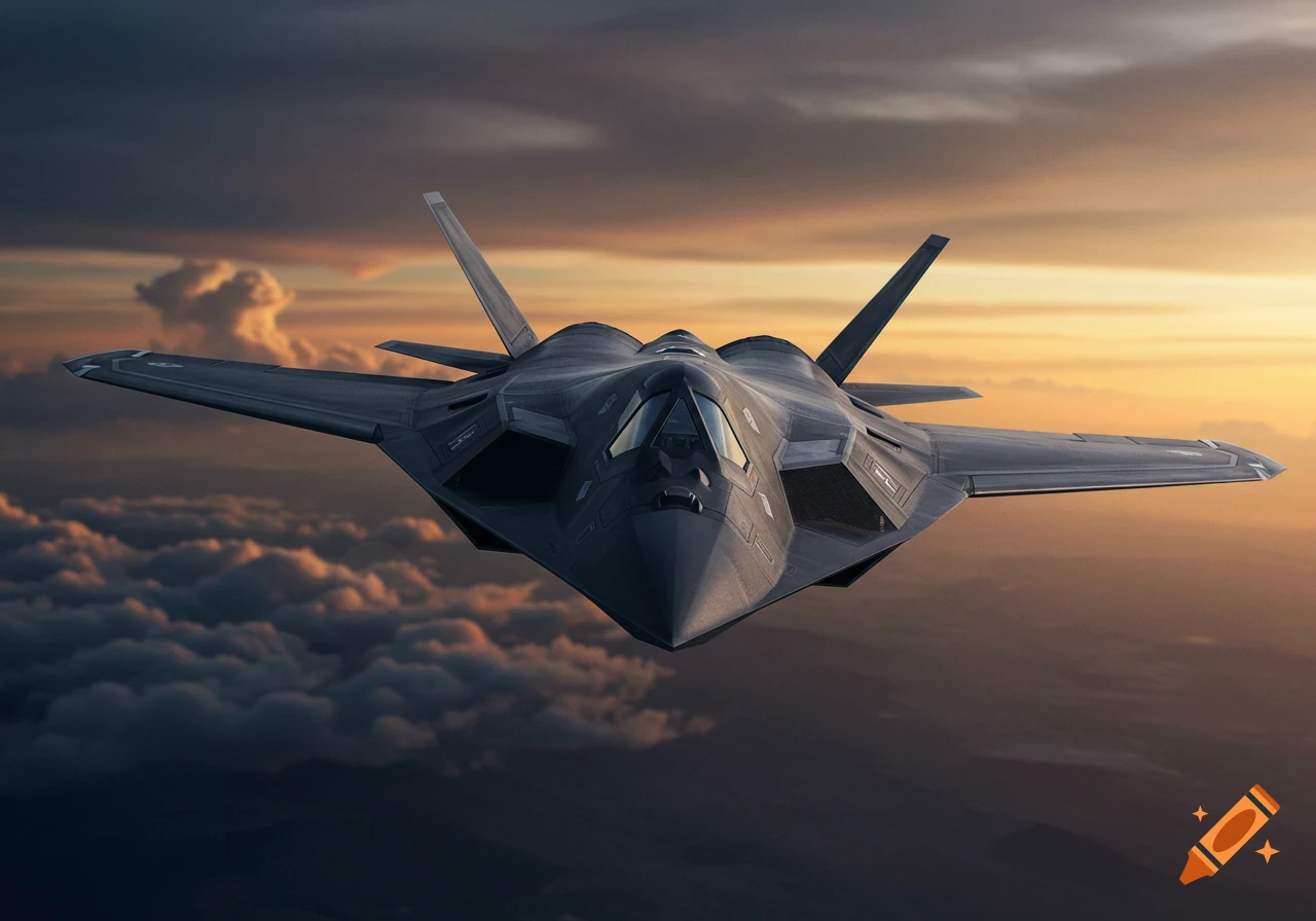 A dark stealth fighter aircraft flies above clouds at sunset.